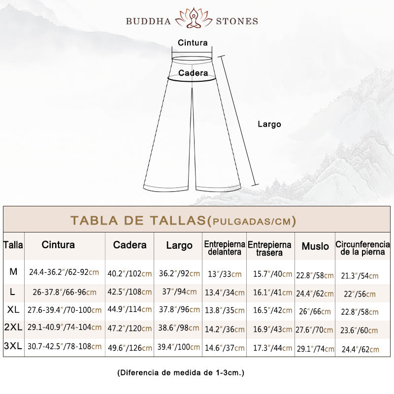 Buddha Stones Pantalones de pierna ancha con bordado de lino y algodón holgados informales para mujer con bolsillos