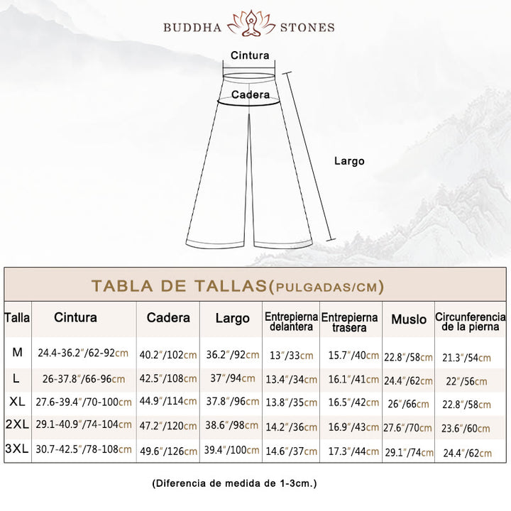 Buddha Stones Pantalones de pierna ancha con bordado de lino y algodón holgados informales para mujer con bolsillos