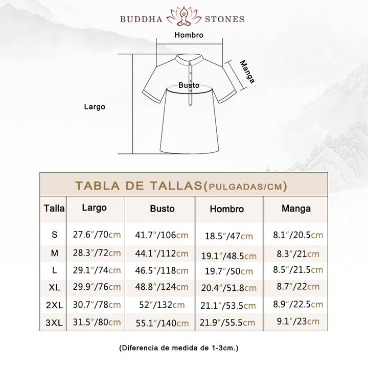 Buddha Stones Camisa casual de lino y algodón con botones de manga corta para hombre - image 4