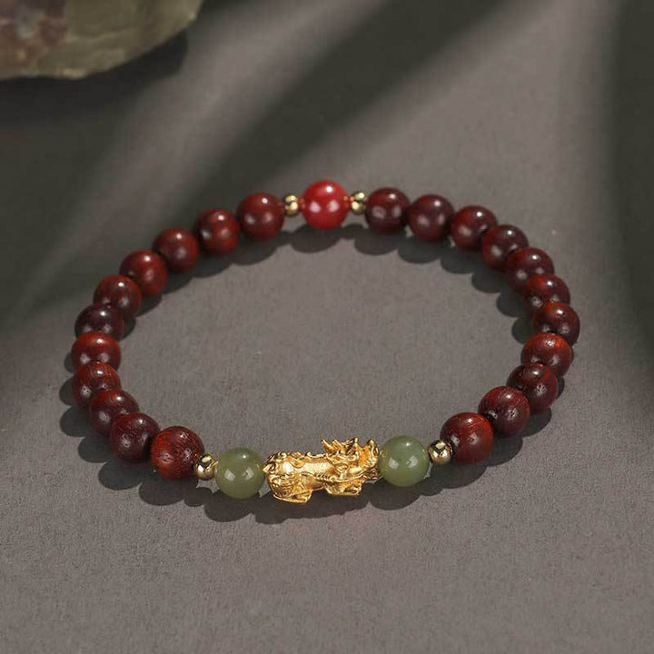 Pulsera de la riqueza PiXiu con hojas pequeñas de sándalo, ébano, sándalo rojo, jade hetiano, cinabrio y Buddha Stones en plata de ley 999