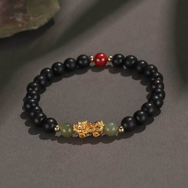 Pulsera de la riqueza PiXiu con hojas pequeñas de sándalo, ébano, sándalo rojo, jade hetiano, cinabrio y Buddha Stones en plata de ley 999