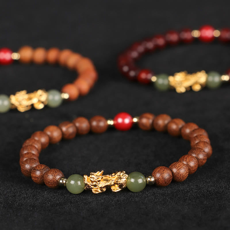 Pulsera de la riqueza PiXiu con hojas pequeñas de sándalo, ébano, sándalo rojo, jade hetiano, cinabrio y Buddha Stones en plata de ley 999
