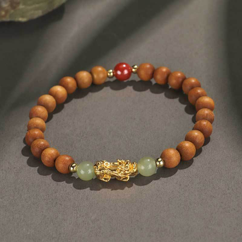 Pulsera de la riqueza PiXiu con hojas pequeñas de sándalo, ébano, sándalo rojo, jade hetiano, cinabrio y Buddha Stones en plata de ley 999