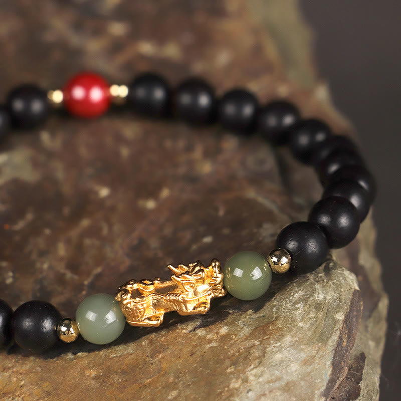 Pulsera de la riqueza PiXiu con hojas pequeñas de sándalo, ébano, sándalo rojo, jade hetiano, cinabrio y Buddha Stones en plata de ley 999