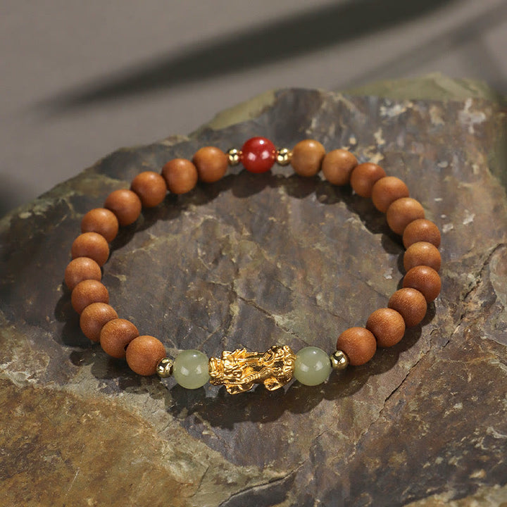 Pulsera de la riqueza PiXiu con hojas pequeñas de sándalo, ébano, sándalo rojo, jade hetiano, cinabrio y Buddha Stones en plata de ley 999