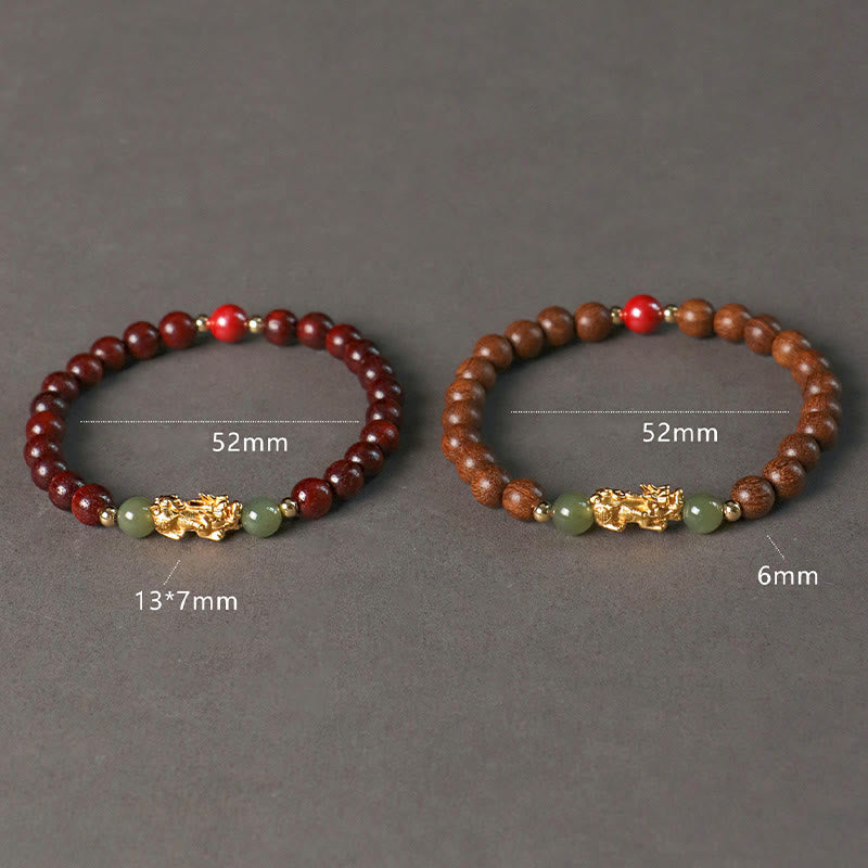 Pulsera de la riqueza PiXiu con hojas pequeñas de sándalo, ébano, sándalo rojo, jade hetiano, cinabrio y Buddha Stones en plata de ley 999