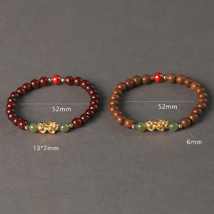 Pulsera de la riqueza PiXiu con hojas pequeñas de sándalo, ébano, sándalo rojo, jade hetiano, cinabrio y Buddha Stones en plata de ley 999