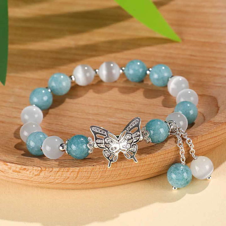 Buddha Stones Pulsera de mariposa con calcedonia, ojo de gato y crisoberilo