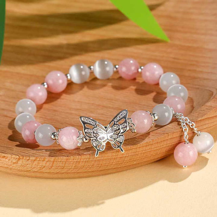Buddha Stones Pulsera de mariposa con calcedonia, ojo de gato y crisoberilo