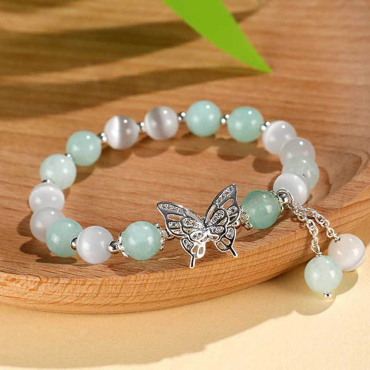 Buddha Stones Pulsera de mariposa con calcedonia, ojo de gato y crisoberilo