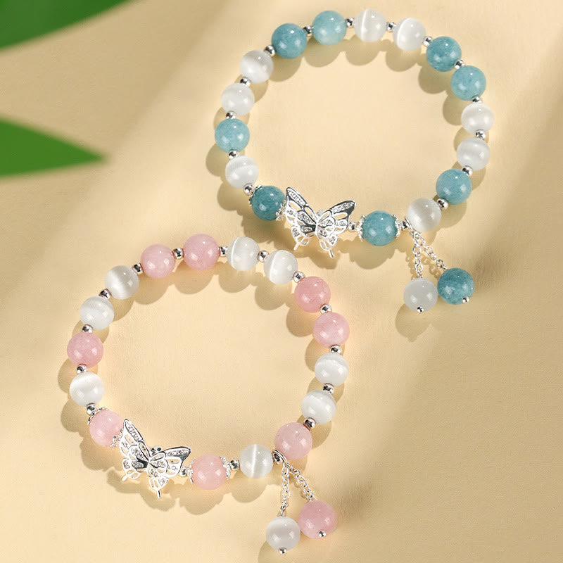 Buddha Stones Pulsera de mariposa con calcedonia, ojo de gato y crisoberilo