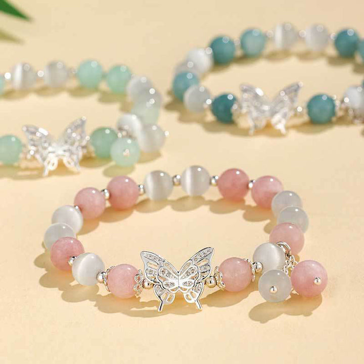 Buddha Stones Pulsera de mariposa con calcedonia, ojo de gato y crisoberilo