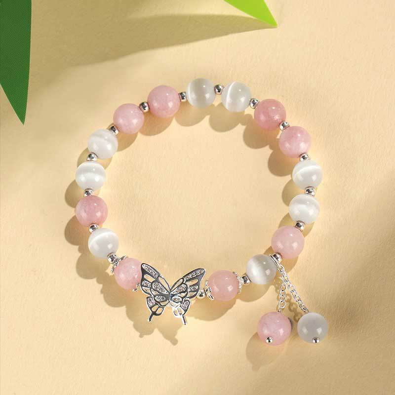 Buddha Stones Pulsera de mariposa con calcedonia, ojo de gato y crisoberilo