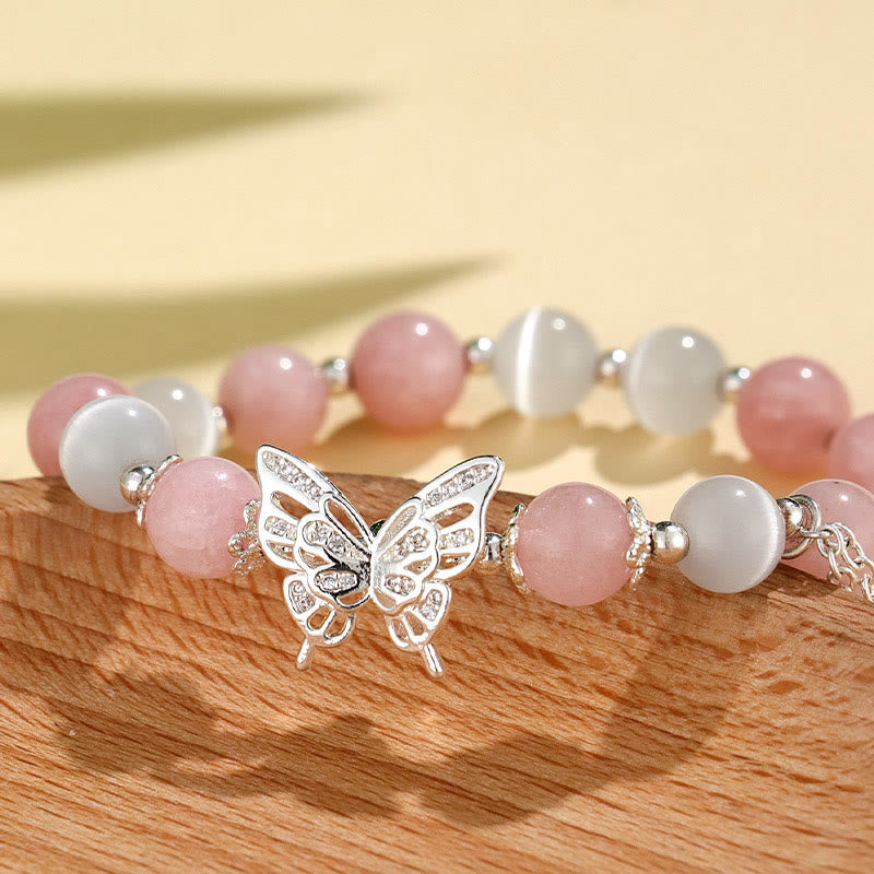 Buddha Stones Pulsera de mariposa con calcedonia, ojo de gato y crisoberilo