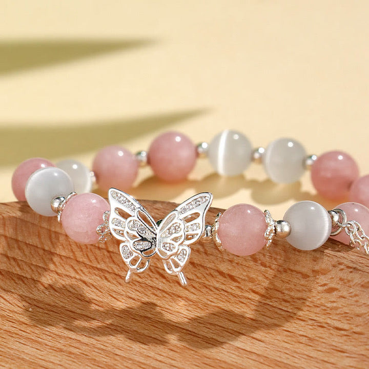 Buddha Stones Pulsera de mariposa con calcedonia, ojo de gato y crisoberilo