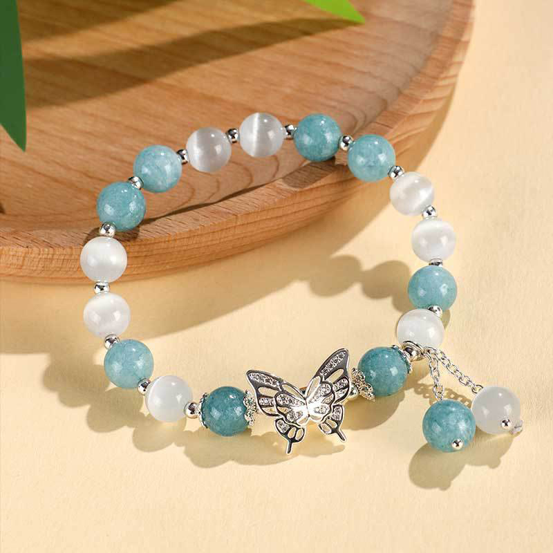 Buddha Stones Pulsera de mariposa con calcedonia, ojo de gato y crisoberilo