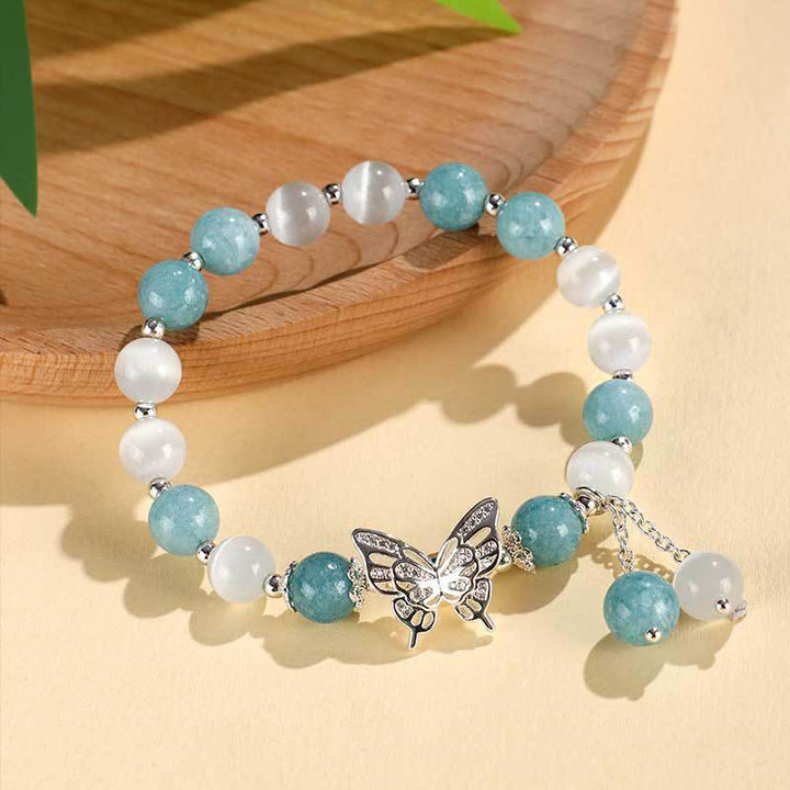 Buddha Stones Pulsera de mariposa con calcedonia, ojo de gato y crisoberilo