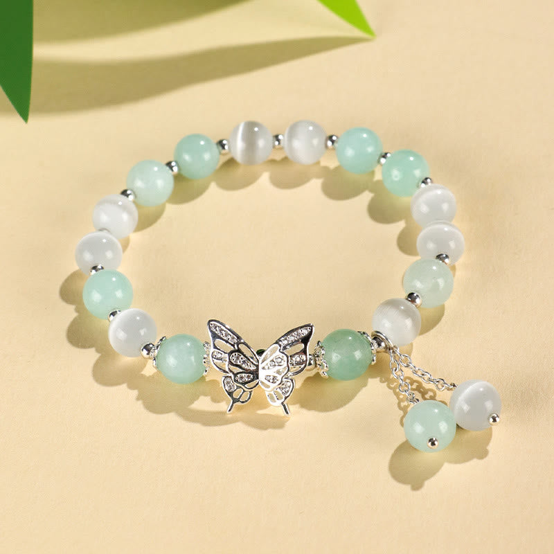 Buddha Stones Pulsera de mariposa con calcedonia, ojo de gato y crisoberilo