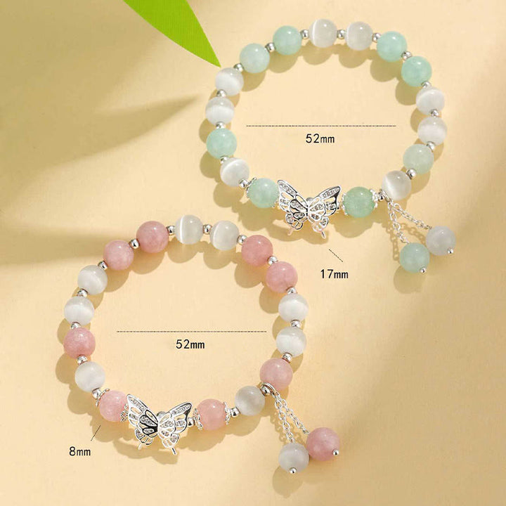 Buddha Stones Pulsera de mariposa con calcedonia, ojo de gato y crisoberilo