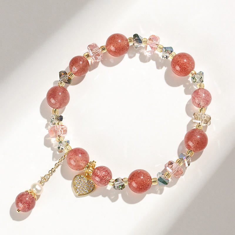 Pulsera curativa con forma de corazón de Liuli con perlas de cristal blanco y cuarzo fresa y Buddha Stones