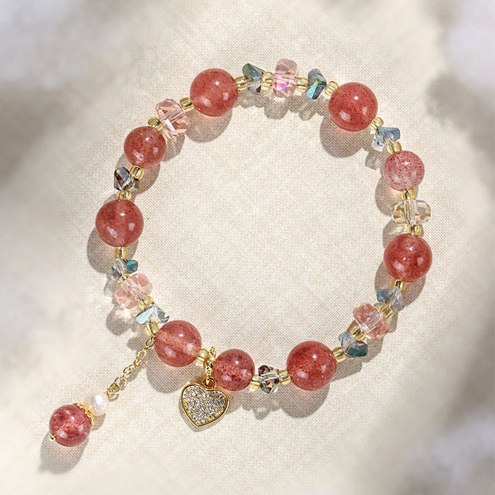 Pulsera curativa con forma de corazón de Liuli con perlas de cristal blanco y cuarzo fresa y Buddha Stones