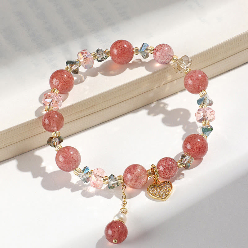 Pulsera curativa con forma de corazón de Liuli con perlas de cristal blanco y cuarzo fresa y Buddha Stones