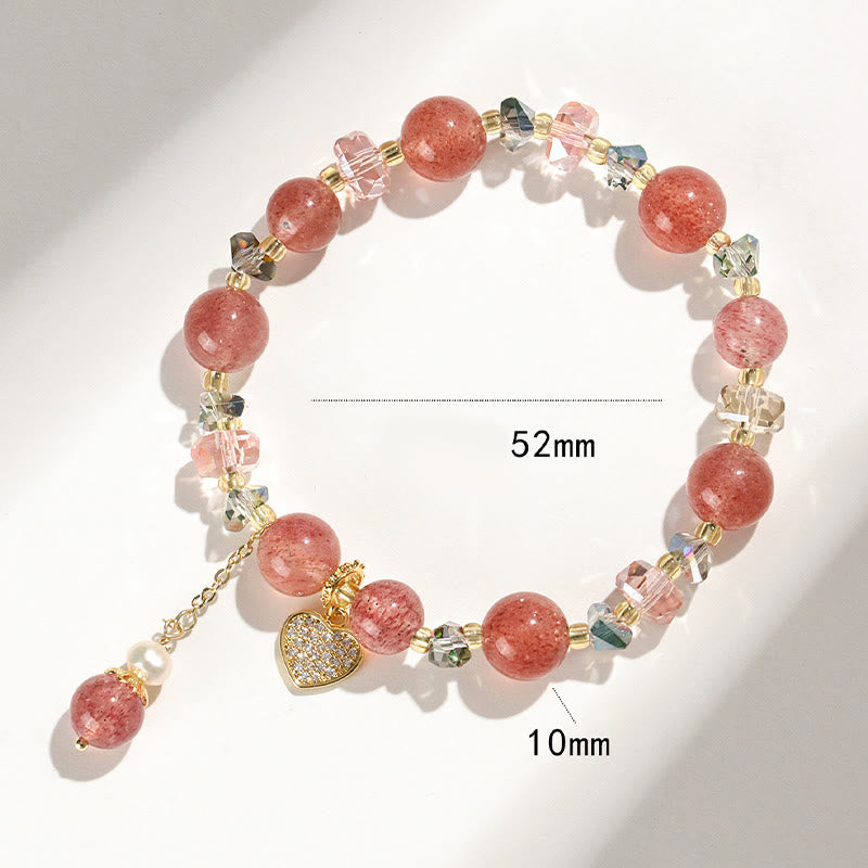 Pulsera curativa con forma de corazón de Liuli con perlas de cristal blanco y cuarzo fresa y Buddha Stones