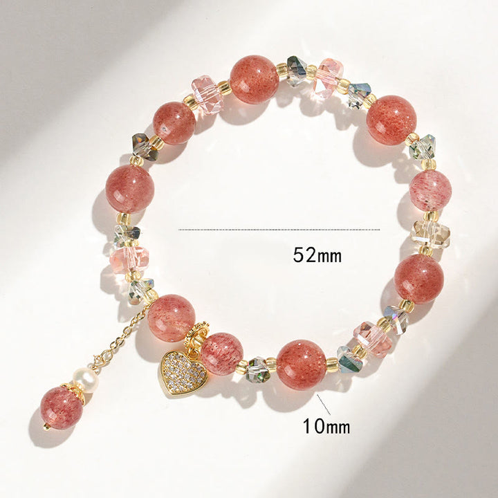 Pulsera curativa con forma de corazón de Liuli con perlas de cristal blanco y cuarzo fresa y Buddha Stones