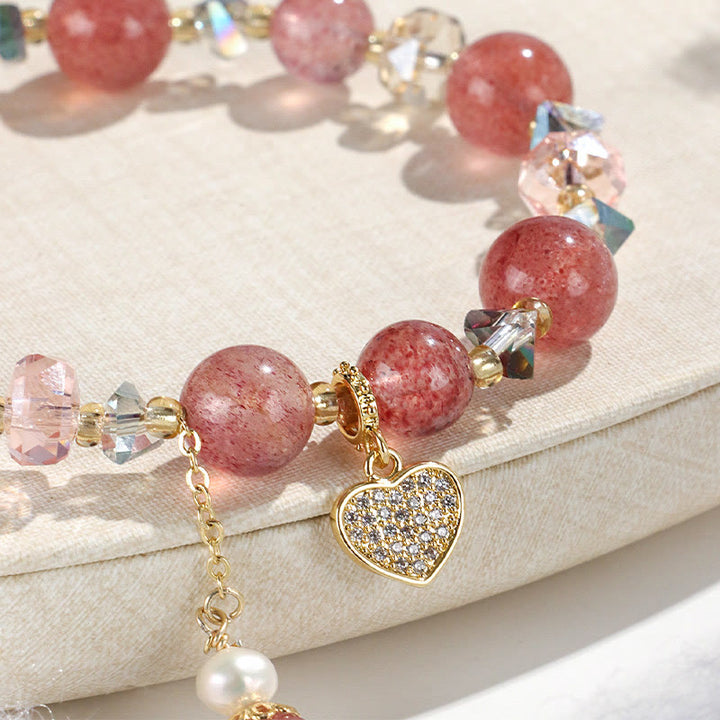 Pulsera curativa con forma de corazón de Liuli con perlas de cristal blanco y cuarzo fresa y Buddha Stones