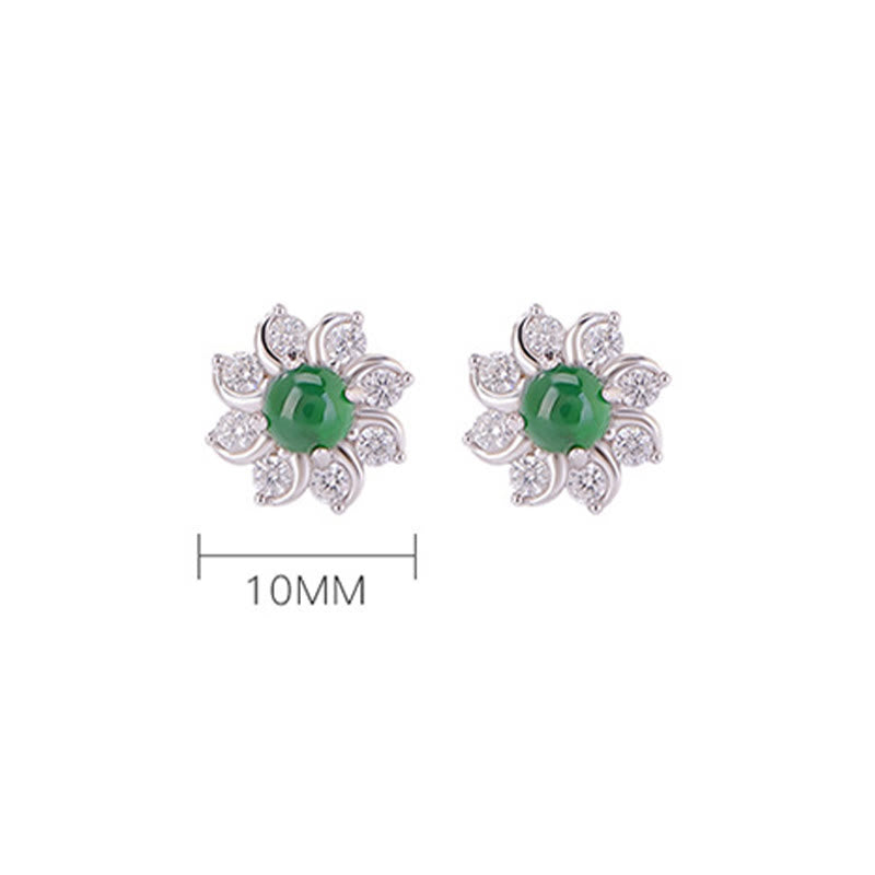 Pendientes de prosperidad con flor de jade redonda de plata de ley 925 con Buddha Stones