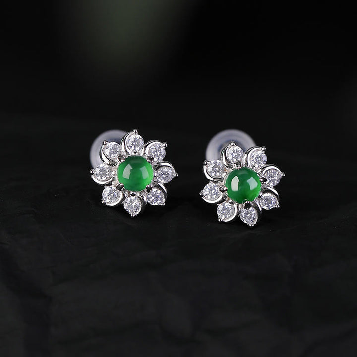 Pendientes de prosperidad con flor de jade redonda de plata de ley 925 con Buddha Stones