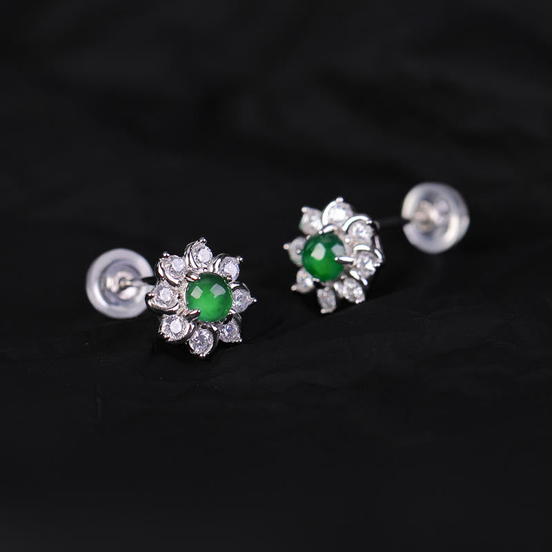 Pendientes de prosperidad con flor de jade redonda de plata de ley 925 con Buddha Stones