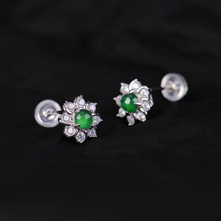 Pendientes de prosperidad con flor de jade redonda de plata de ley 925 con Buddha Stones