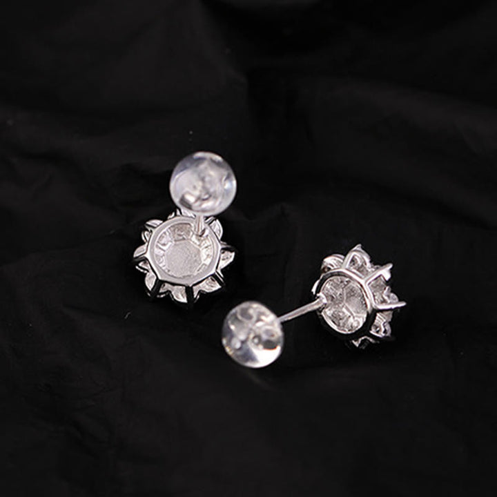 Pendientes de prosperidad con flor de jade redonda de plata de ley 925 con Buddha Stones