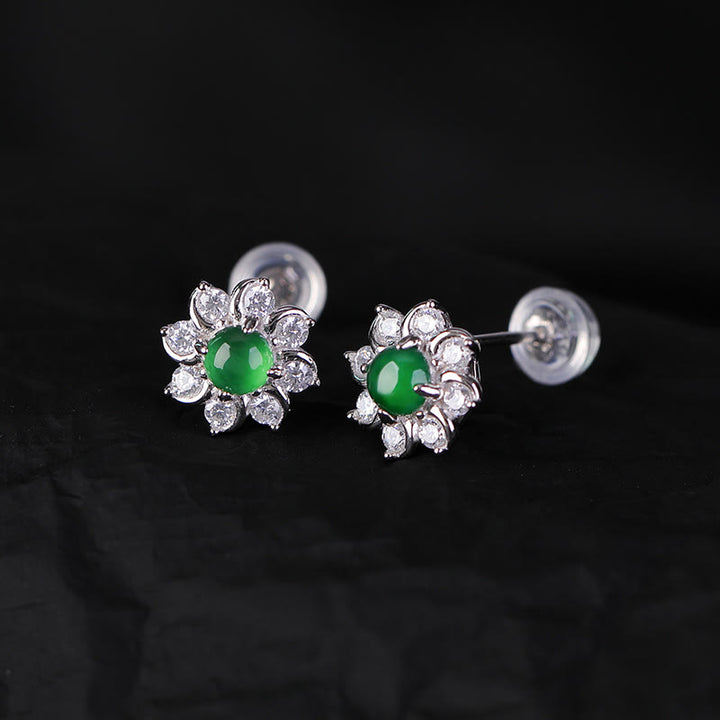 Pendientes de prosperidad con flor de jade redonda de plata de ley 925 con Buddha Stones
