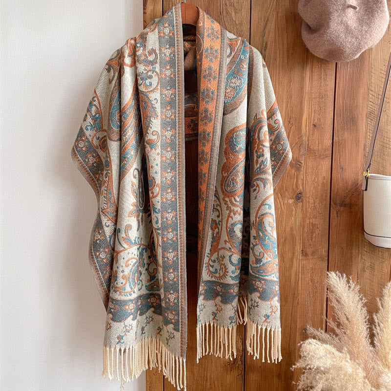 Chal de borlas con flores de anacardo tibetanas y Buddha Stones para otoño e invierno, bufanda de viaje acogedora - Beige - 180 x 65 cm - image 39
