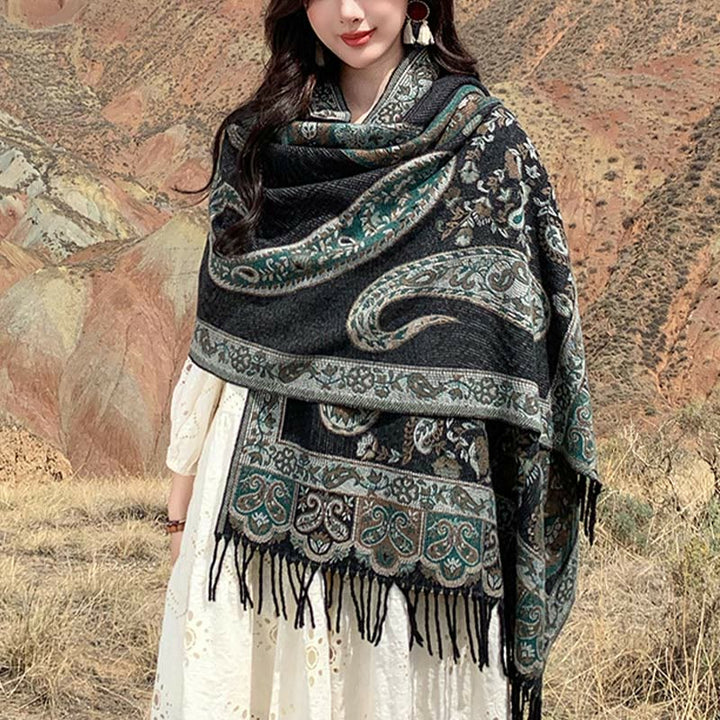Chal de borlas con flores de anacardo tibetanas y Buddha Stones para otoño e invierno, bufanda de viaje acogedora - Verde mar oscuro - 180 x 65 cm - image 0