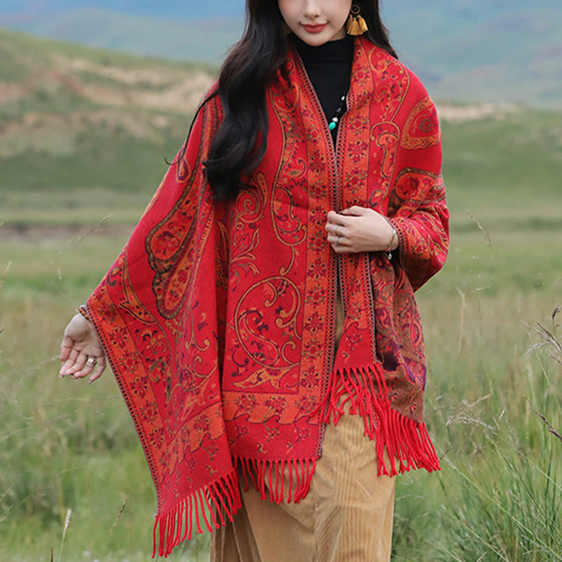 Chal de borlas con flores de anacardo tibetanas y Buddha Stones para otoño e invierno, bufanda de viaje acogedora - Rojo - 180 x 65 cm - image 9