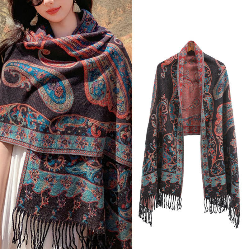 Chal de borlas con flores de anacardo tibetanas y Buddha Stones para otoño e invierno, bufanda de viaje acogedora