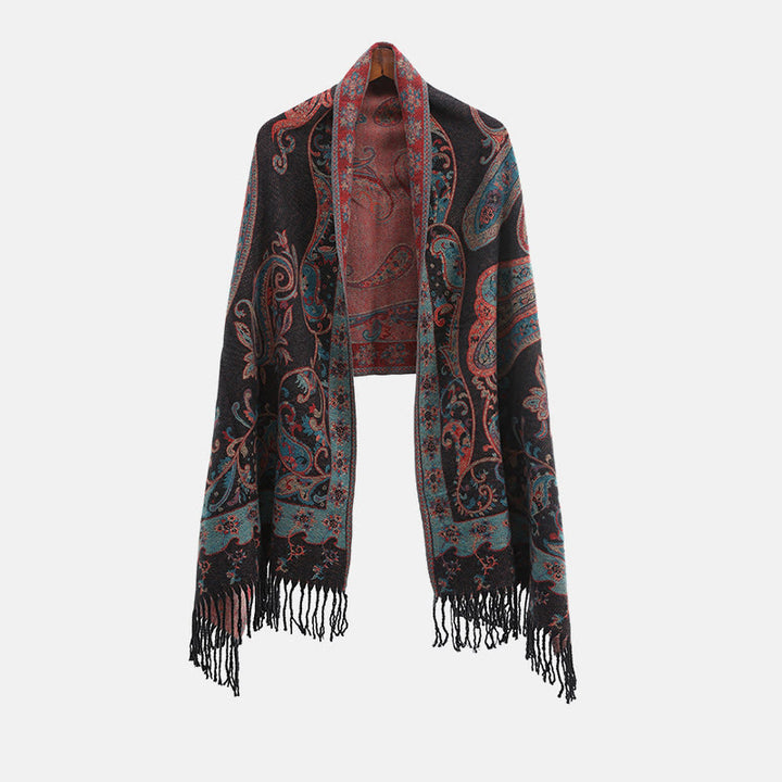 Chal de borlas con flores de anacardo tibetanas y Buddha Stones para otoño e invierno, bufanda de viaje acogedora