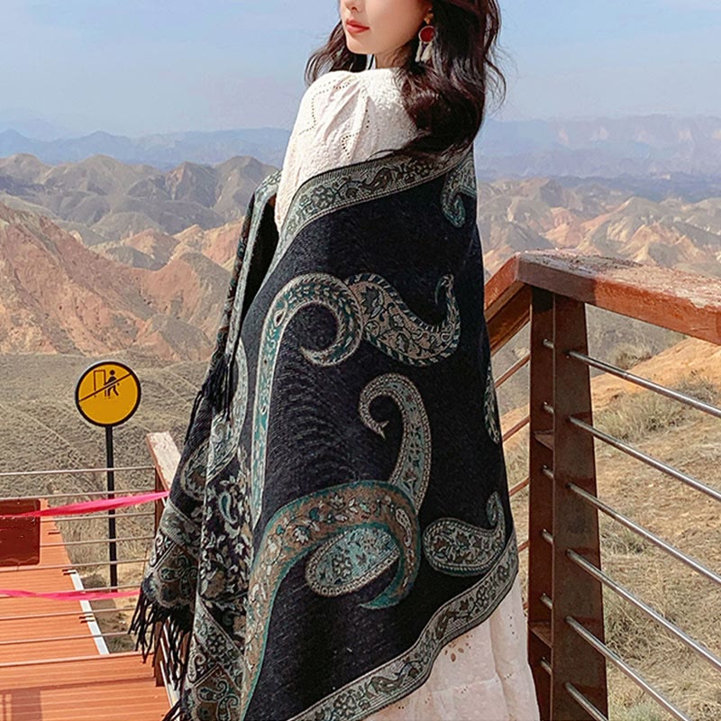 Chal de borlas con flores de anacardo tibetanas y Buddha Stones para otoño e invierno, bufanda de viaje acogedora