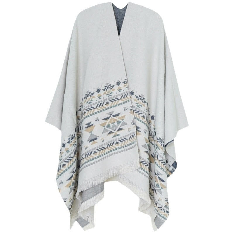 Chal cálido con borlas y diseño geométrico tibetano en color beige con Buddha Stones para otoño e invierno - image 9