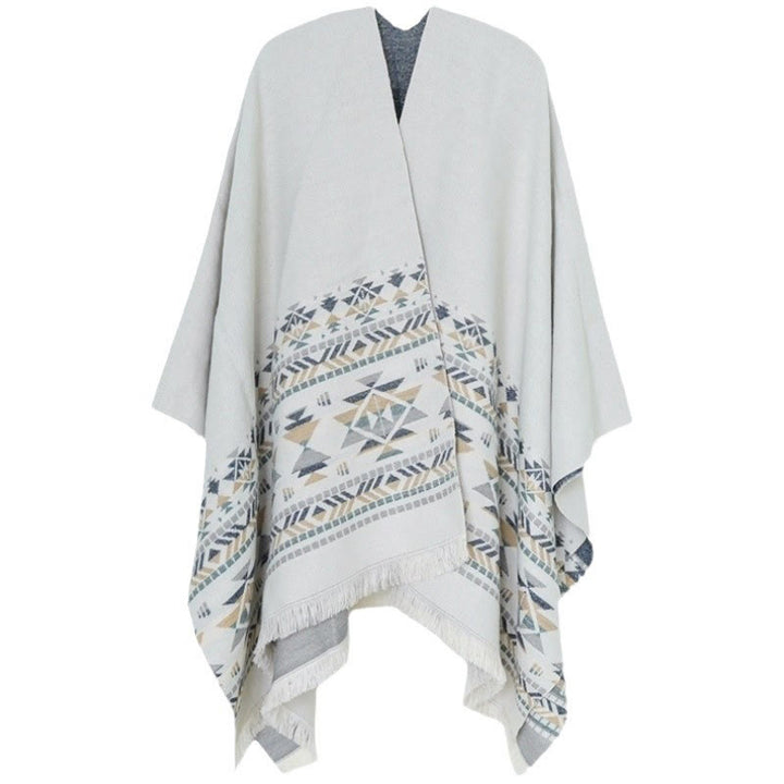 Chal cálido con borlas y diseño geométrico tibetano en color beige con Buddha Stones para otoño e invierno - image 9