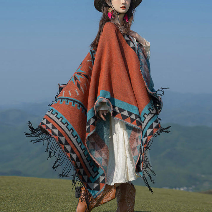 Chal con borlas y diseño geométrico de rombos tibetanos de color naranja y Buddha Stones para otoño e invierno - Naranja 130*150 cm - image 0