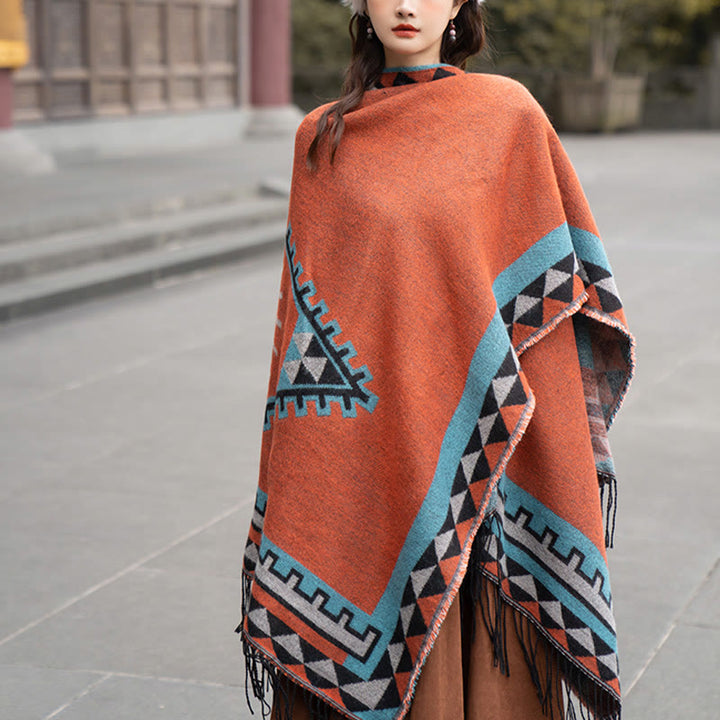 Chal con borlas y diseño geométrico de rombos tibetanos de color naranja y Buddha Stones para otoño e invierno - image 8