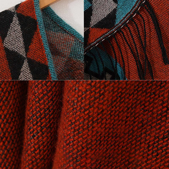 Chal con borlas y diseño geométrico de rombos tibetanos de color naranja y Buddha Stones para otoño e invierno - image 16