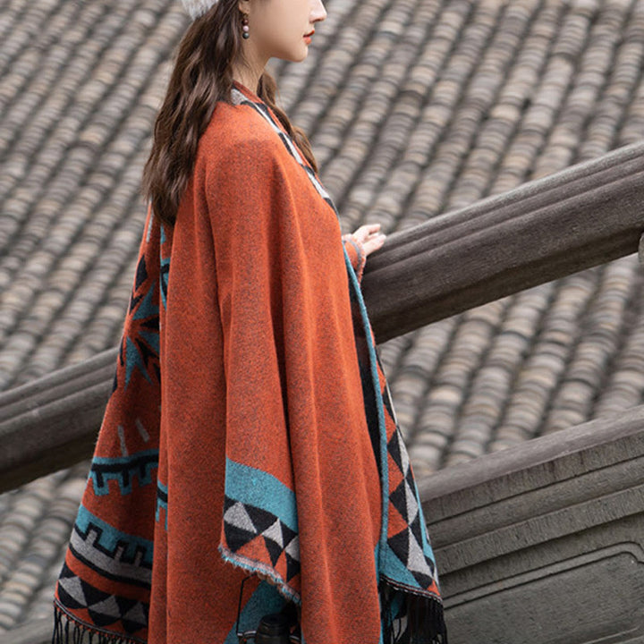 Chal con borlas y diseño geométrico de rombos tibetanos de color naranja y Buddha Stones para otoño e invierno
