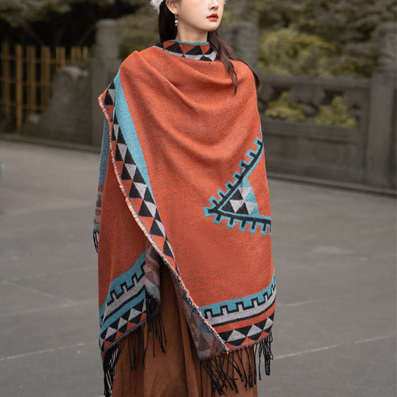 Chal con borlas y diseño geométrico de rombos tibetanos de color naranja y Buddha Stones para otoño e invierno