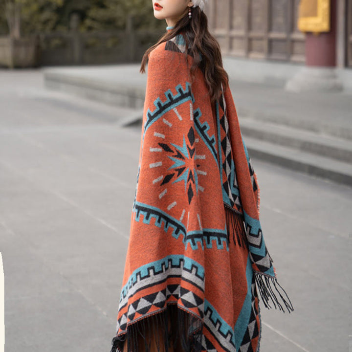 Chal con borlas y diseño geométrico de rombos tibetanos de color naranja y Buddha Stones para otoño e invierno