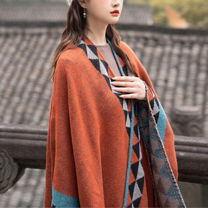 Chal con borlas y diseño geométrico de rombos tibetanos de color naranja y Buddha Stones para otoño e invierno - image 15